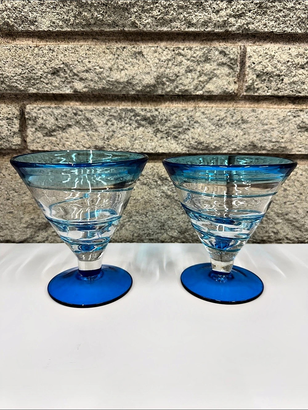 Pair Hand-Blown Art Glass Aqua Blue Spiral Cocktail / Dessert Goblets